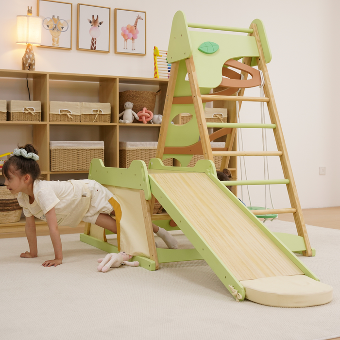 Avenlur Bush 6-in-1 Indoor Wooden Jungle Gym Climber – Montessori Toddler Playset with Slide, Rock Wall, Ladder & More AVNLR-BUSH