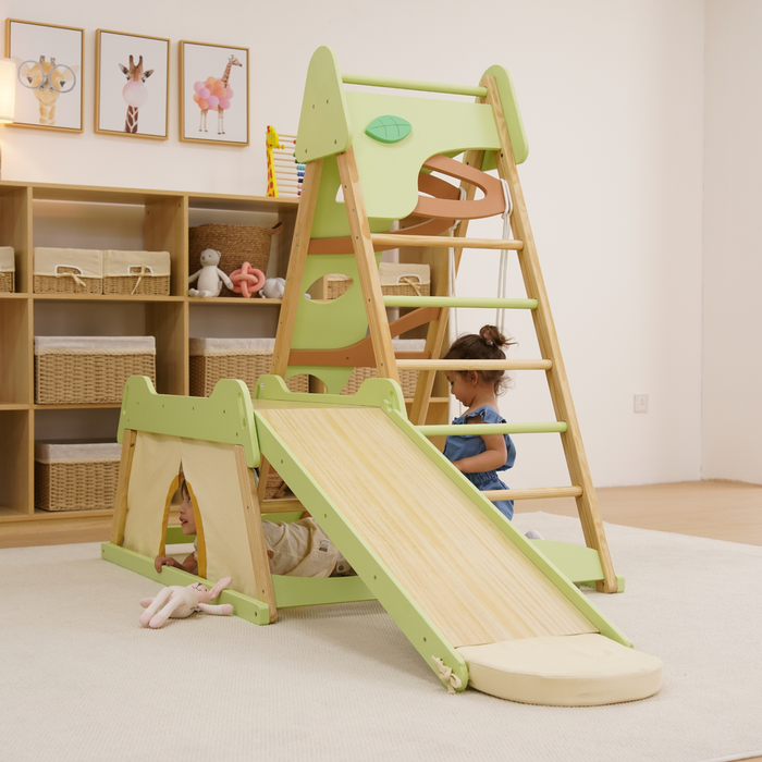 Avenlur Bush 6-in-1 Indoor Wooden Jungle Gym Climber – Montessori Toddler Playset with Slide, Rock Wall, Ladder & More AVNLR-BUSH