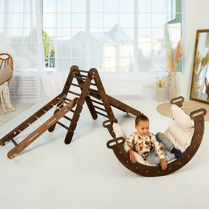 Goodevas Etsy 5in1 Montessori Climbing Set: Triangle Ladder, Climbing Arch, Slide, Net & Cushion – Chocolate 5MCS-TRIA-CHO-CUSH-et