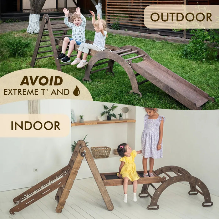 Goodevas Etsy 5in1 Montessori Climbing Set: Triangle Ladder, Climbing Arch, Slide, Net & Cushion – Chocolate 5MCS-TRIA-CHO-CUSH-et