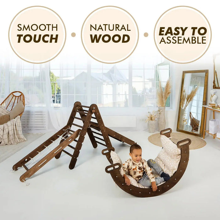 Goodevas Etsy 5in1 Montessori Climbing Set: Triangle Ladder, Climbing Arch, Slide, Net & Cushion – Chocolate 5MCS-TRIA-CHO-CUSH-et