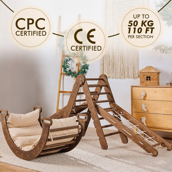 Goodevas Etsy 5in1 Montessori Climbing Set: Triangle Ladder, Climbing Arch, Slide, Net & Cushion – Chocolate 5MCS-TRIA-CHO-CUSH-et