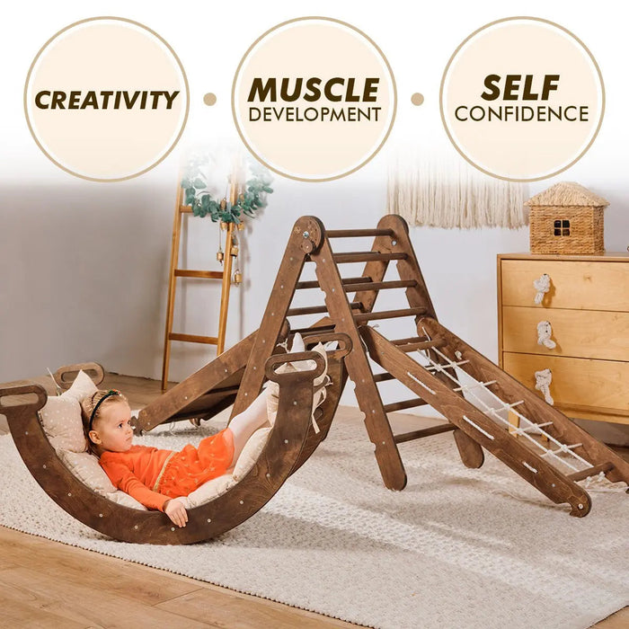 Goodevas Etsy 5in1 Montessori Climbing Set: Triangle Ladder, Climbing Arch, Slide, Net & Cushion – Chocolate 5MCS-TRIA-CHO-CUSH-et