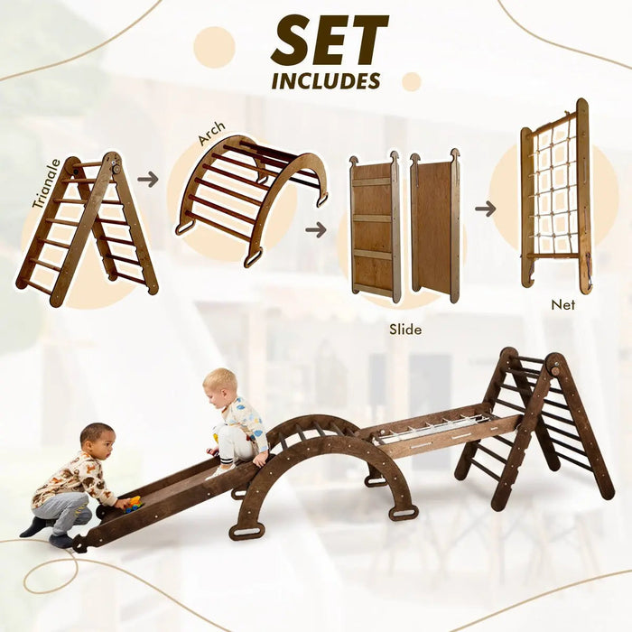 Goodevas Etsy 5in1 Montessori Climbing Set: Triangle Ladder, Climbing Arch, Slide, Net & Cushion – Chocolate 5MCS-TRIA-CHO-CUSH-et