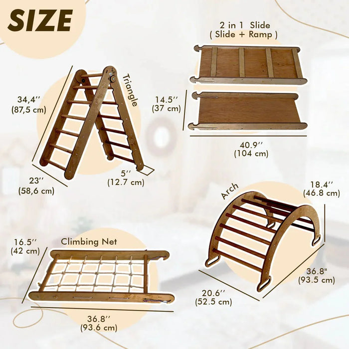 Goodevas Etsy 5in1 Montessori Climbing Set: Triangle Ladder, Climbing Arch, Slide, Net & Cushion – Chocolate 5MCS-TRIA-CHO-CUSH-et