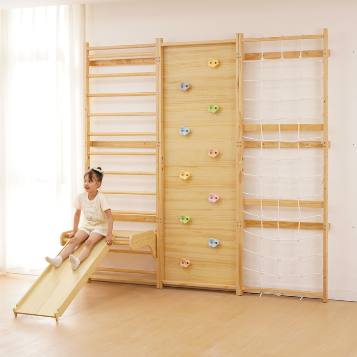 Avenlur Walnut Modular 9-in-1 Swedish Ladder Wall Gym – Indoor Climber for Kids & Toddlers AVNLR-SWDSH-WALL-NAT-MOD