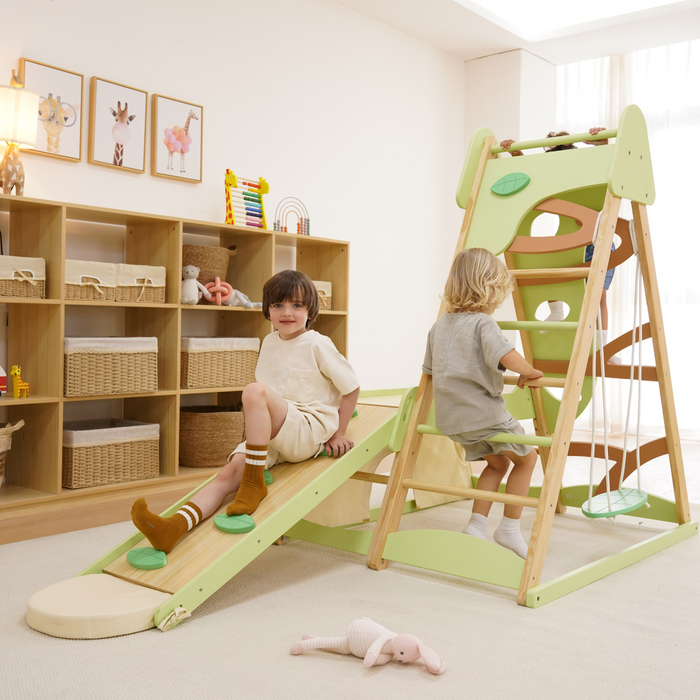 Avenlur Bush 6-in-1 Indoor Wooden Jungle Gym Climber – Montessori Toddler Playset with Slide, Rock Wall, Ladder & More AVNLR-BUSH
