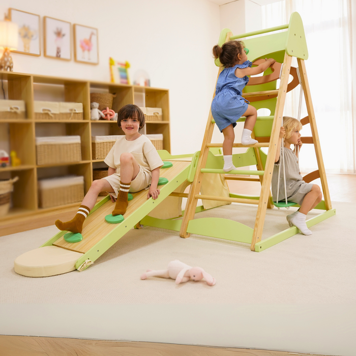 Avenlur Bush 6-in-1 Indoor Wooden Jungle Gym Climber – Montessori Toddler Playset with Slide, Rock Wall, Ladder & More AVNLR-BUSH