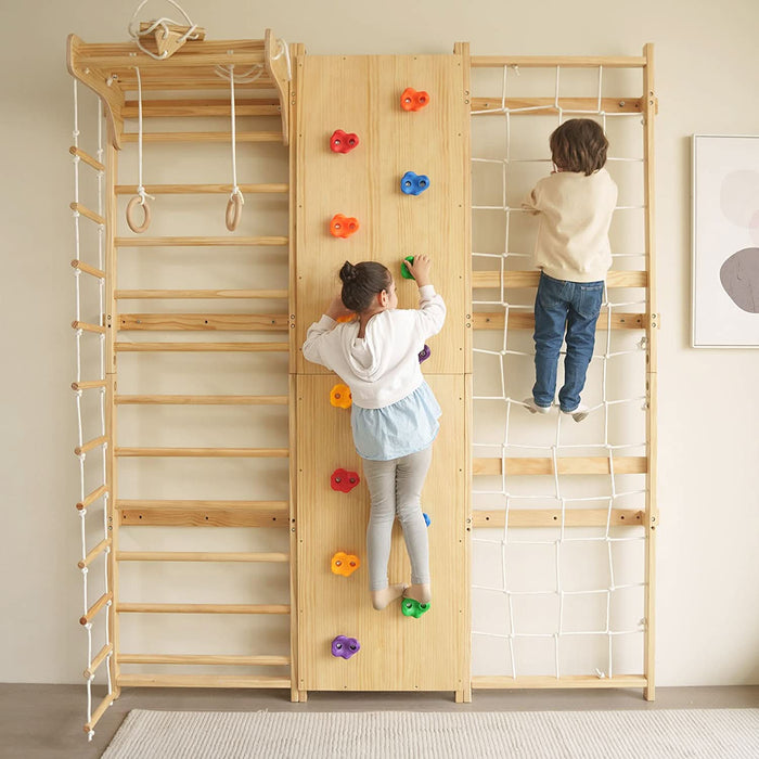 Avenlur Walnut 9-in-1 Swedish Ladder Wall Gym | Indoor Wooden Climber & Activity Set for Kids AVNLR-SWDSH-WALL-NAT