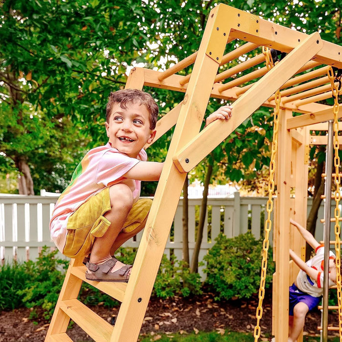 Avenlur Hawthorn XL Wooden Outdoor Playset – Slide, Swing, Climbing Wall & Monkey Bars | Backyard Playground Set for Kids HAWTHORNXL-NAT-SLIDE