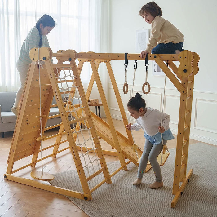 Avenlur Chestnut 8-in-1 Jungle Gym for Toddlers | Indoor & Outdoor Wooden Playset AVNLR-WD-CLBR-LG-FLD-OUT-V2-NY