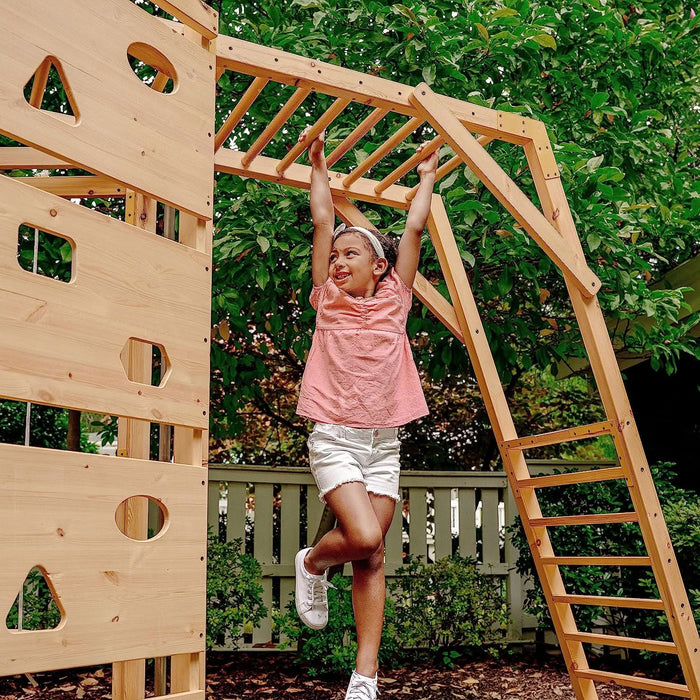Avenlur Hawthorn XL Wooden Outdoor Playset – Slide, Swing, Climbing Wall & Monkey Bars | Backyard Playground Set for Kids HAWTHORNXL-NAT-SLIDE