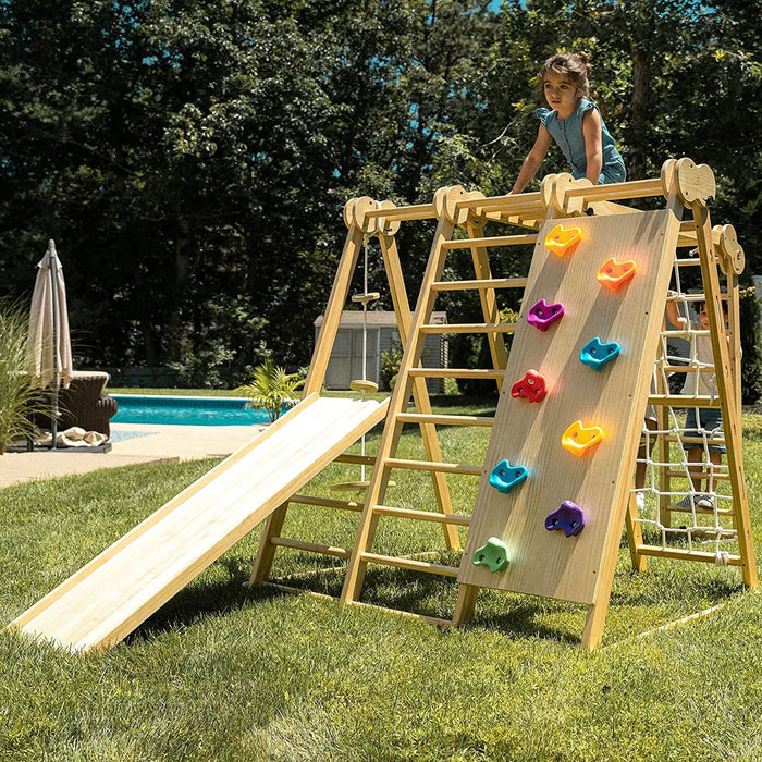 Avenlur Chestnut 8-in-1 Jungle Gym for Toddlers | Indoor & Outdoor Wooden Playset AVNLR-WD-CLBR-LG-FLD-OUT-V2-NY