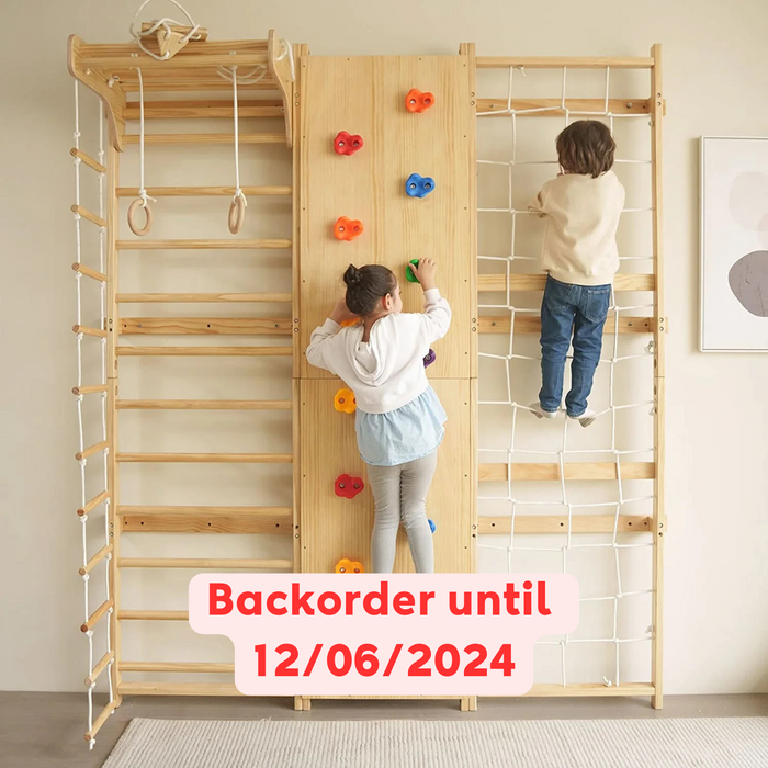 Avenlur Walnut 9-in-1 Swedish Ladder Wall Gym | Indoor Wooden Climber & Activity Set for Kids AVNLR-SWDSH-WALL-NAT