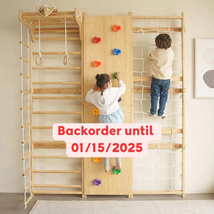 Avenlur Walnut 9-in-1 Swedish Ladder Wall Gym | Indoor Wooden Climber & Activity Set for Kids AVNLR-SWDSH-WALL-NAT