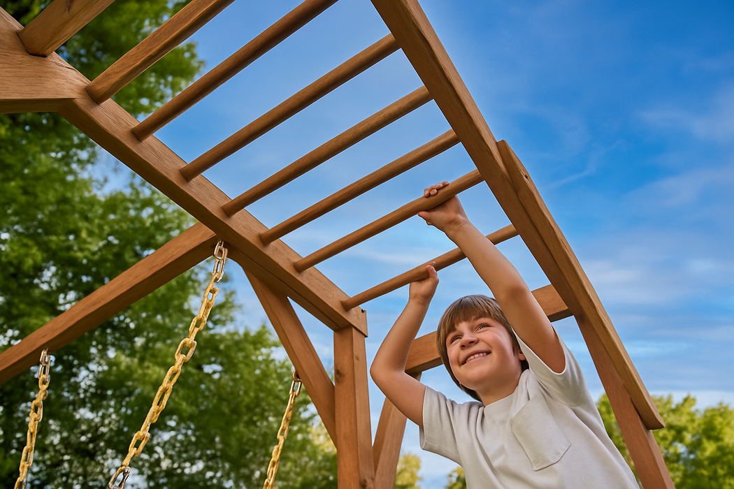 Avenlur Hawthorn XL Wooden Outdoor Playset – Slide, Swing, Climbing Wall & Monkey Bars | Backyard Playground Set for Kids HAWTHORNXL-NAT-SLIDE