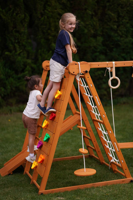 Avenlur Chestnut 8-in-1 Jungle Gym for Toddlers | Indoor & Outdoor Wooden Playset AVNLR-WD-CLBR-LG-FLD-OUT-V2-NY