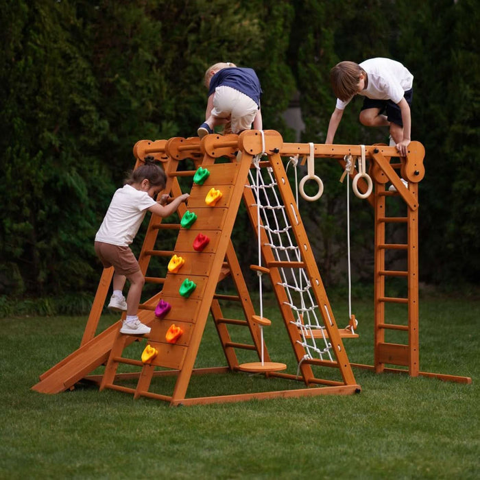 Avenlur Chestnut 8-in-1 Jungle Gym for Toddlers | Indoor & Outdoor Wooden Playset AVNLR-WD-CLBR-LG-FLD-OUT-V2-NY