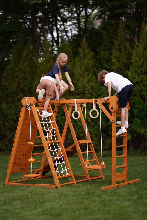 Avenlur Chestnut 8-in-1 Jungle Gym for Toddlers | Indoor & Outdoor Wooden Playset AVNLR-WD-CLBR-LG-FLD-OUT-V2-NY