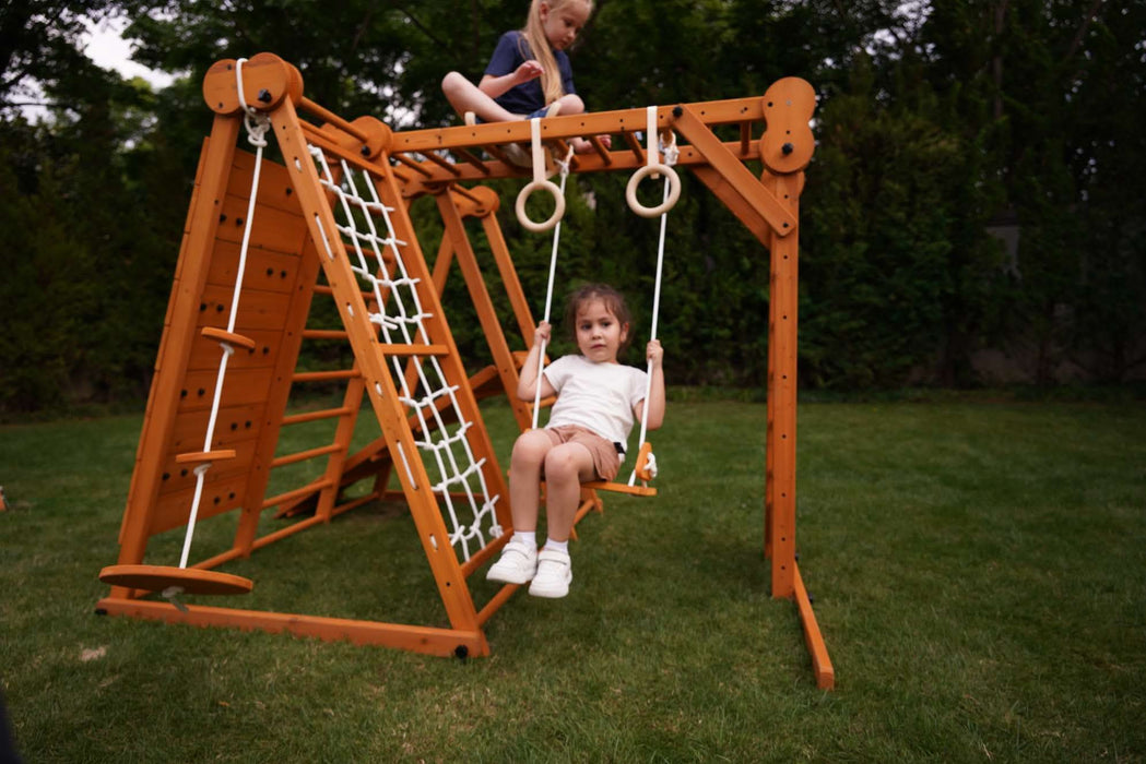 Avenlur Chestnut 8-in-1 Jungle Gym for Toddlers | Indoor & Outdoor Wooden Playset AVNLR-WD-CLBR-LG-FLD-OUT-V2-NY