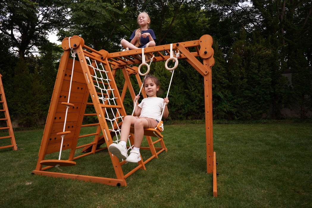 Avenlur Chestnut 8-in-1 Jungle Gym for Toddlers | Indoor & Outdoor Wooden Playset AVNLR-WD-CLBR-LG-FLD-OUT-V2-NY