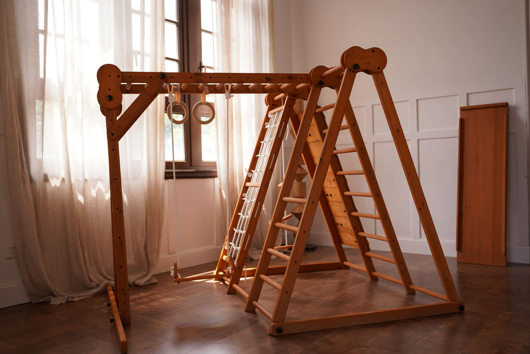 Avenlur Chestnut 8-in-1 Jungle Gym for Toddlers | Indoor & Outdoor Wooden Playset AVNLR-WD-CLBR-LG-FLD-OUT-V2-NY