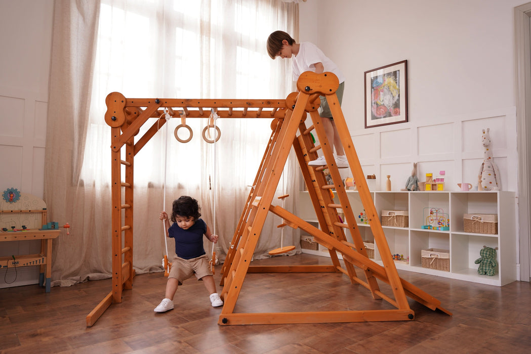 Avenlur Chestnut 8-in-1 Jungle Gym for Toddlers | Indoor & Outdoor Wooden Playset AVNLR-WD-CLBR-LG-FLD-OUT-V2-NY