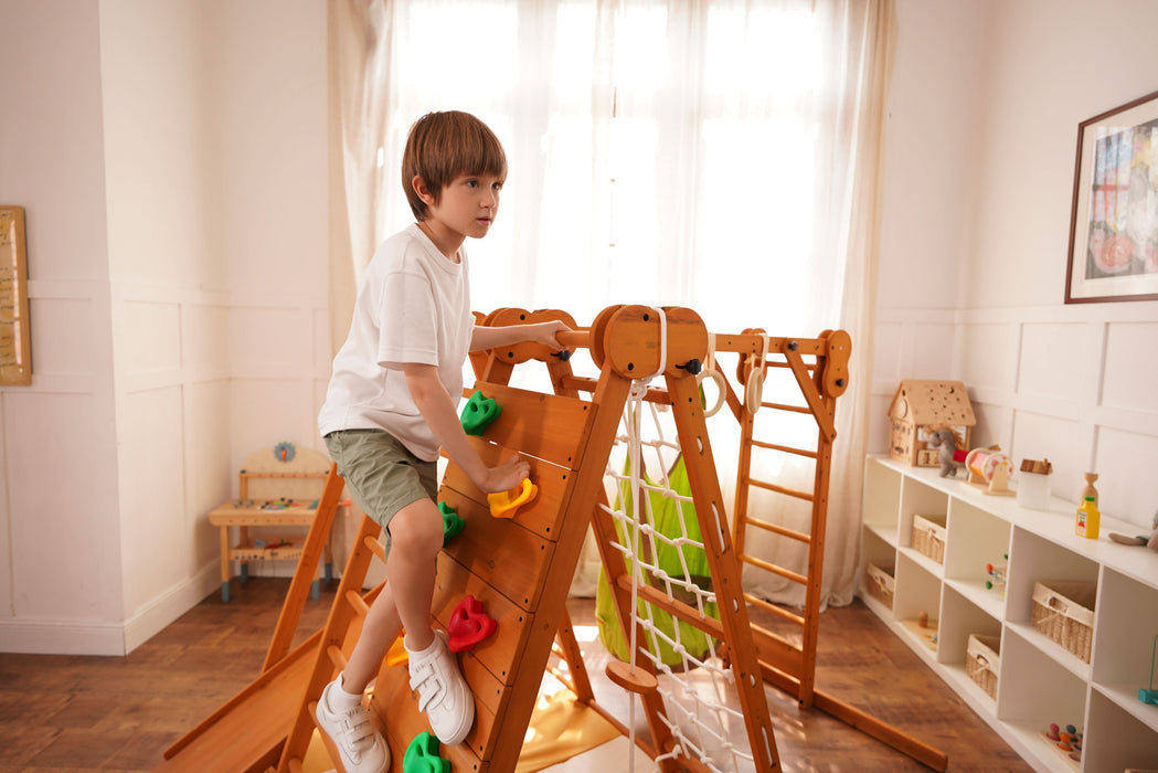 Avenlur Chestnut 8-in-1 Jungle Gym for Toddlers | Indoor & Outdoor Wooden Playset AVNLR-WD-CLBR-LG-FLD-OUT-V2-NY