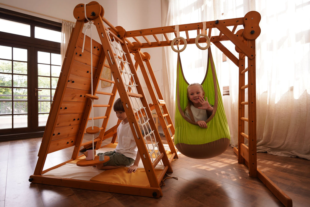 Avenlur Chestnut 8-in-1 Jungle Gym for Toddlers | Indoor & Outdoor Wooden Playset AVNLR-WD-CLBR-LG-FLD-OUT-V2-NY