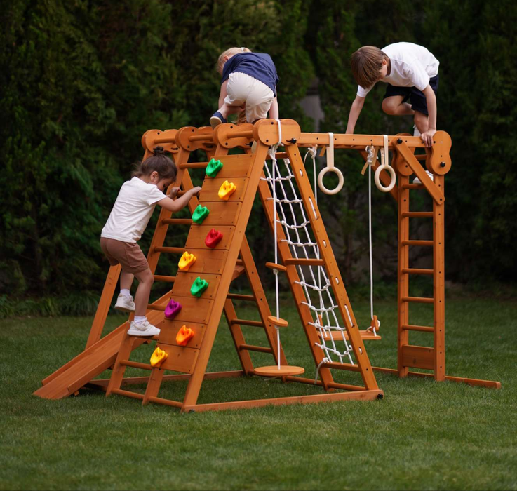 Avenlur Chestnut 8-in-1 Jungle Gym for Toddlers | Indoor & Outdoor Wooden Playset AVNLR-WD-CLBR-LG-FLD-OUT-V2-NY