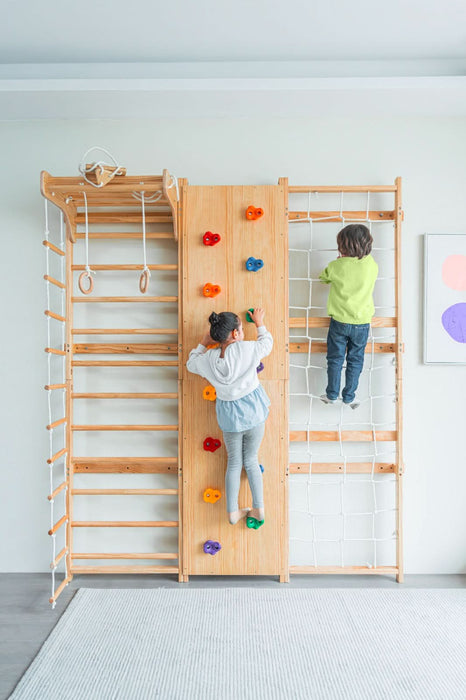 Avenlur Walnut 9-in-1 Swedish Ladder Wall Gym | Indoor Wooden Climber & Activity Set for Kids AVNLR-SWDSH-WALL-NAT
