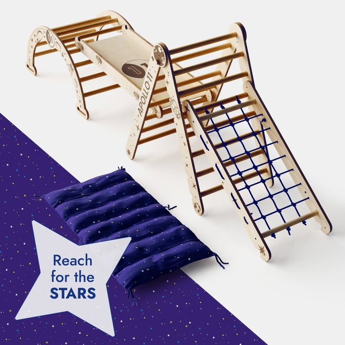 Goodevas Etsy Apollo 5in1 Climbing Set:  Pikler Triangle, Net, Arch, Slide Board, and Cushion for Little Astronauts 5MCS-TRIA-NET-CUSH-N-et