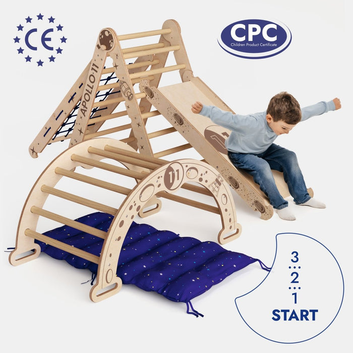 Goodevas Etsy Apollo 5in1 Climbing Set:  Pikler Triangle, Net, Arch, Slide Board, and Cushion for Little Astronauts 5MCS-TRIA-NET-CUSH-N-et