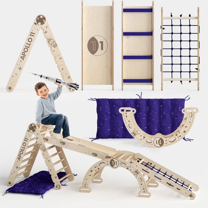 Goodevas Etsy Apollo 5in1 Climbing Set:  Pikler Triangle, Net, Arch, Slide Board, and Cushion for Little Astronauts 5MCS-TRIA-NET-CUSH-N-et