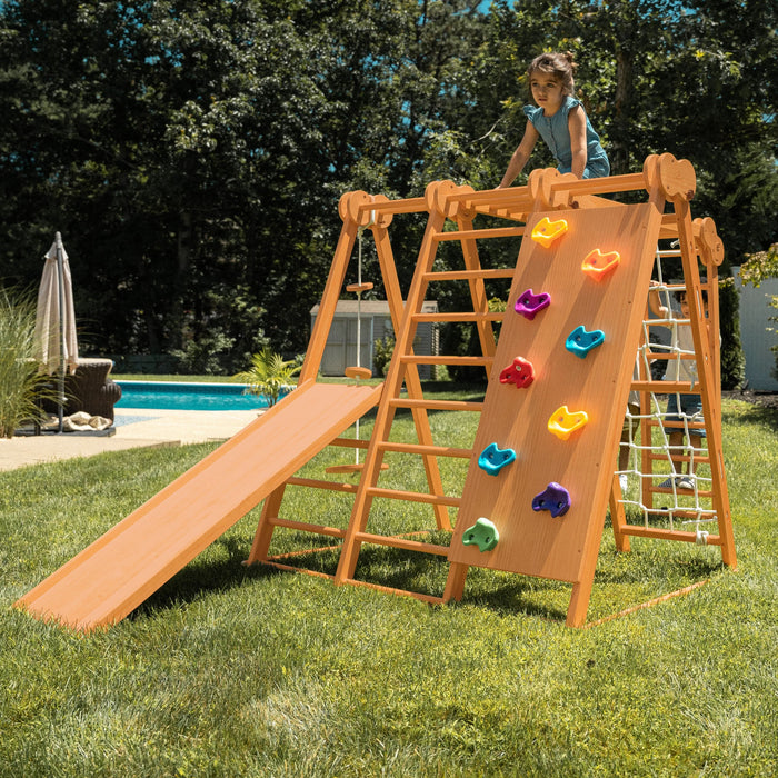 Avenlur Chestnut 8-in-1 Jungle Gym for Toddlers | Indoor & Outdoor Wooden Playset AVNLR-WD-CLBR-LG-FLD-OUT-V2-NY