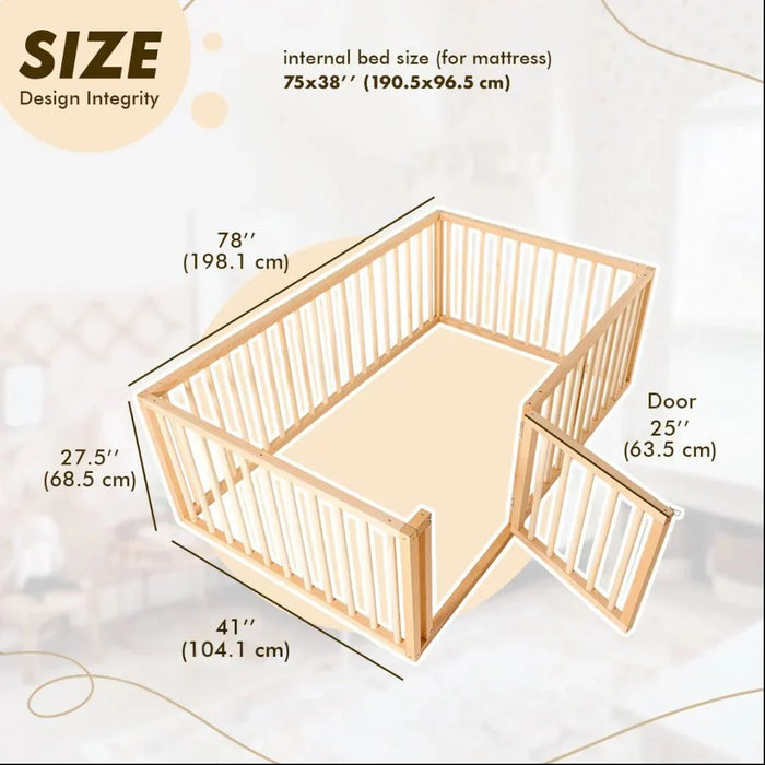 Goodevas Etsy Full Montessori Floor Bed Frame for Toddlers with Fence MBUS