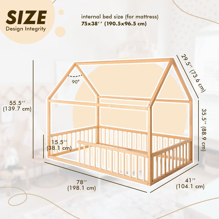 Goodevas Etsy Twin Size Montessori House Bed for Kids with Fence HBUS