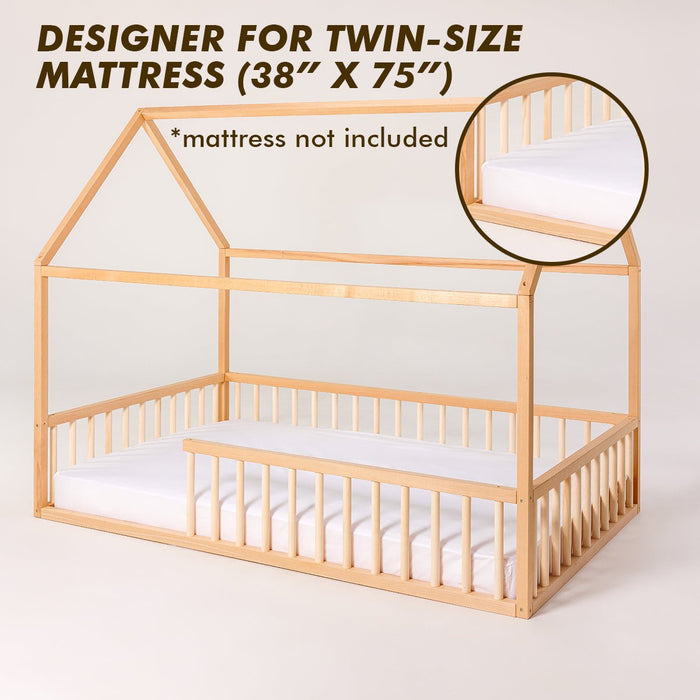 Goodevas Etsy Twin Size Montessori House Bed for Kids with Fence HBUS