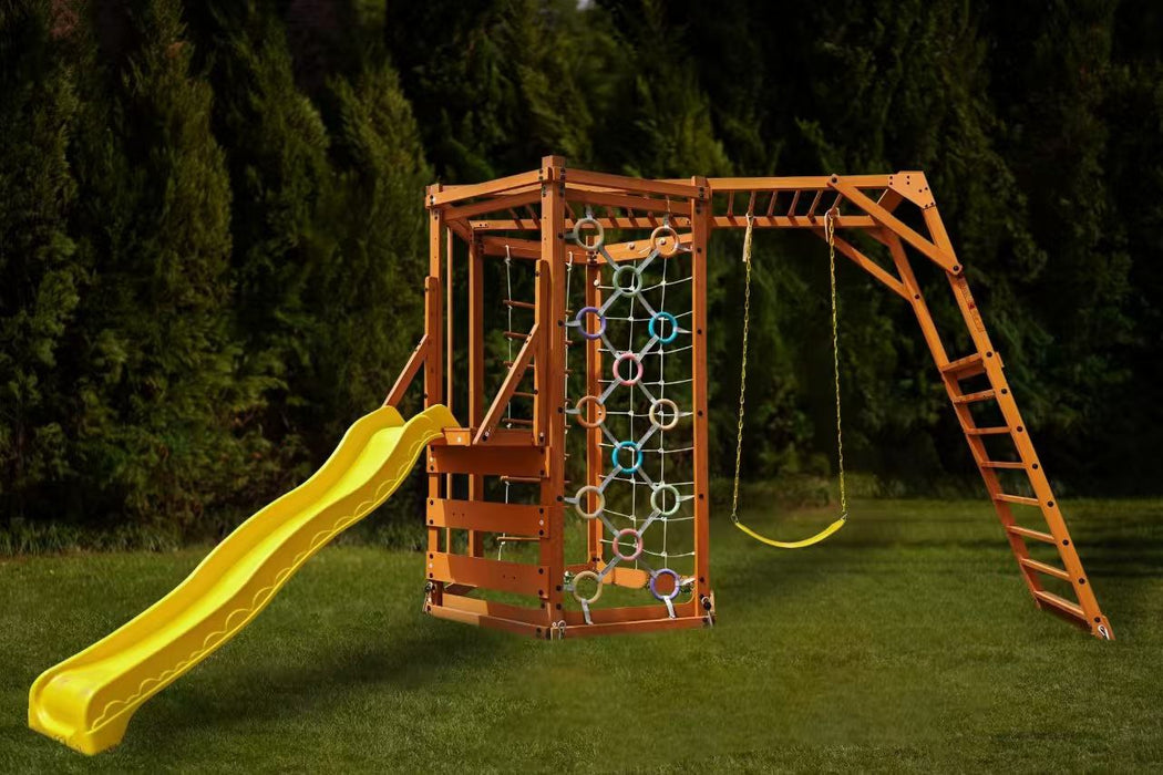 Avenlur Hawthorn XL Wooden Outdoor Playset – Slide, Swing, Climbing Wall & Monkey Bars | Backyard Playground Set for Kids HAWTHORNXL-NAT-SLIDE