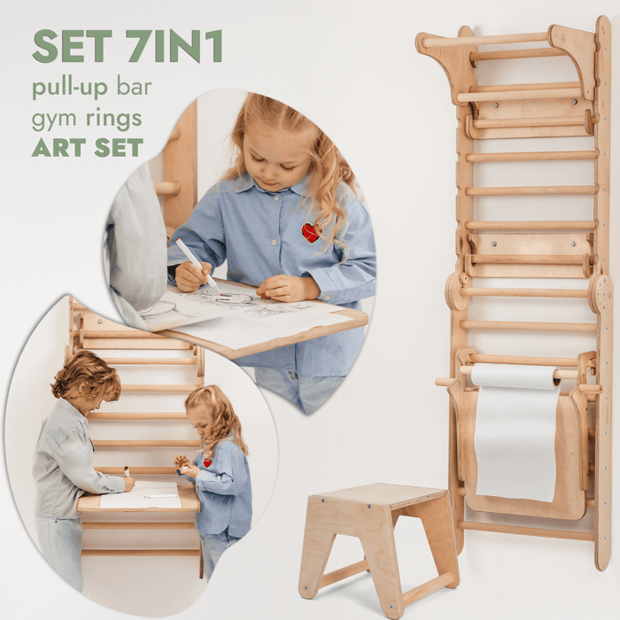 Goodevas Etsy Wooden Swedish Wall / Climbing ladder for Children + Swing Set + Slide Board + Art Add-on 5IN1-SWCSAB-et