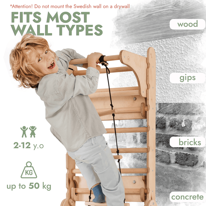 Goodevas Etsy Wooden Swedish Wall / Climbing ladder for Children + Swing Set + Slide Board + Art Add-on 5IN1-SWCSAB-et