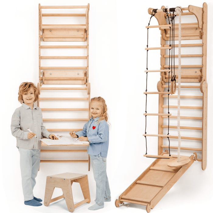 Goodevas Etsy Wooden Swedish Wall / Climbing ladder for Children + Swing Set + Slide Board + Art Add-on 5IN1-SWCSAB-et