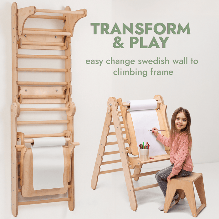Goodevas Etsy Wooden Swedish Wall / Climbing ladder for Children + Swing Set + Slide Board + Art Add-on 5IN1-SWCSAB-et